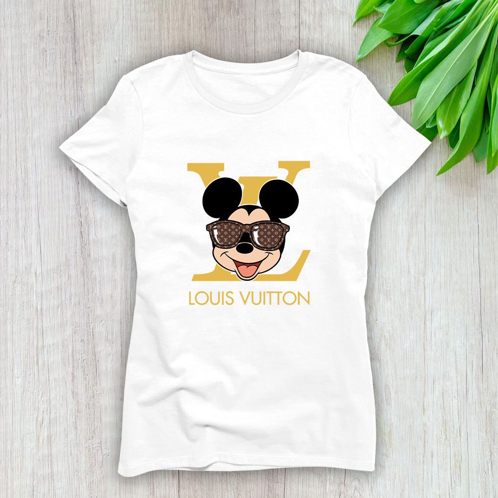 Louis-Vuitton-Logo-Luxury-Monogram-Canvas-Pattern-Mickey-Mouse-Lady-T-Shirt-Luxury-Tee-For-Women-LDS1603 Louis Vuitton Logo Luxury Monogram Canvas Pattern Mickey Mouse Lady T-Shirt Luxury Tee For Women LDS1603