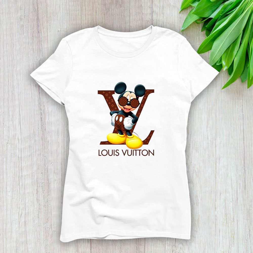 Louis-Vuitton-Logo-Luxury-Monogram-Canvas-Pattern-Mickey-Mouse-Lady-T-Shirt-Luxury-Tee-For-Women-LDS1647 Louis Vuitton Logo Luxury Monogram Canvas Pattern Mickey Mouse Lady T-Shirt Luxury Tee For Women LDS1647