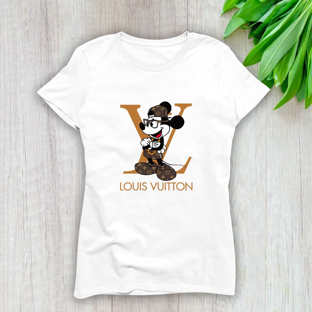 Louis-Vuitton-Logo-Luxury-Monogram-Canvas-Pattern-Mickey-Mouse-Lady-T-Shirt-Luxury-Tee-For-Women-LDS1667 Louis Vuitton Logo Luxury Monogram Canvas Pattern Mickey Mouse Lady T-Shirt Luxury Tee For Women LDS1667