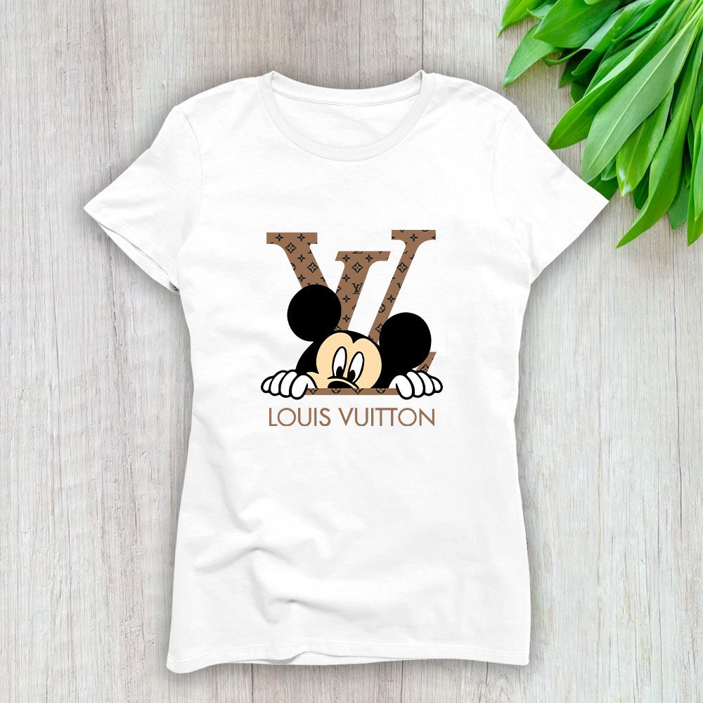 Louis-Vuitton-Logo-Luxury-Monogram-Canvas-Pattern-Mickey-Mouse-Lady-T-Shirt-Luxury-Tee-For-Women-LDS1702 Louis Vuitton Logo Luxury Monogram Canvas Pattern Mickey Mouse Lady T-Shirt Luxury Tee For Women LDS1702