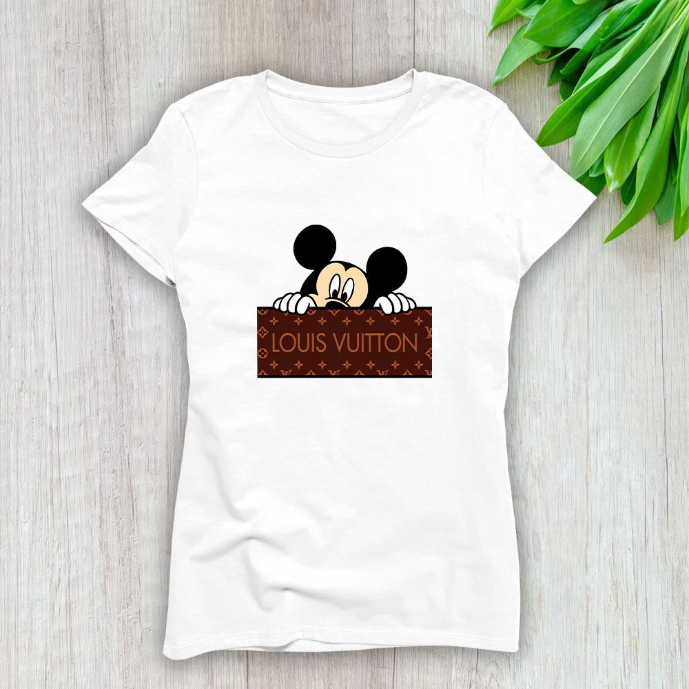 Louis-Vuitton-Logo-Luxury-Monogram-Canvas-Pattern-Mickey-Mouse-Lady-T-Shirt-Luxury-Tee-For-Women-LDS1704 Louis Vuitton Logo Luxury Monogram Canvas Pattern Mickey Mouse Lady T-Shirt Luxury Tee For Women LDS1704