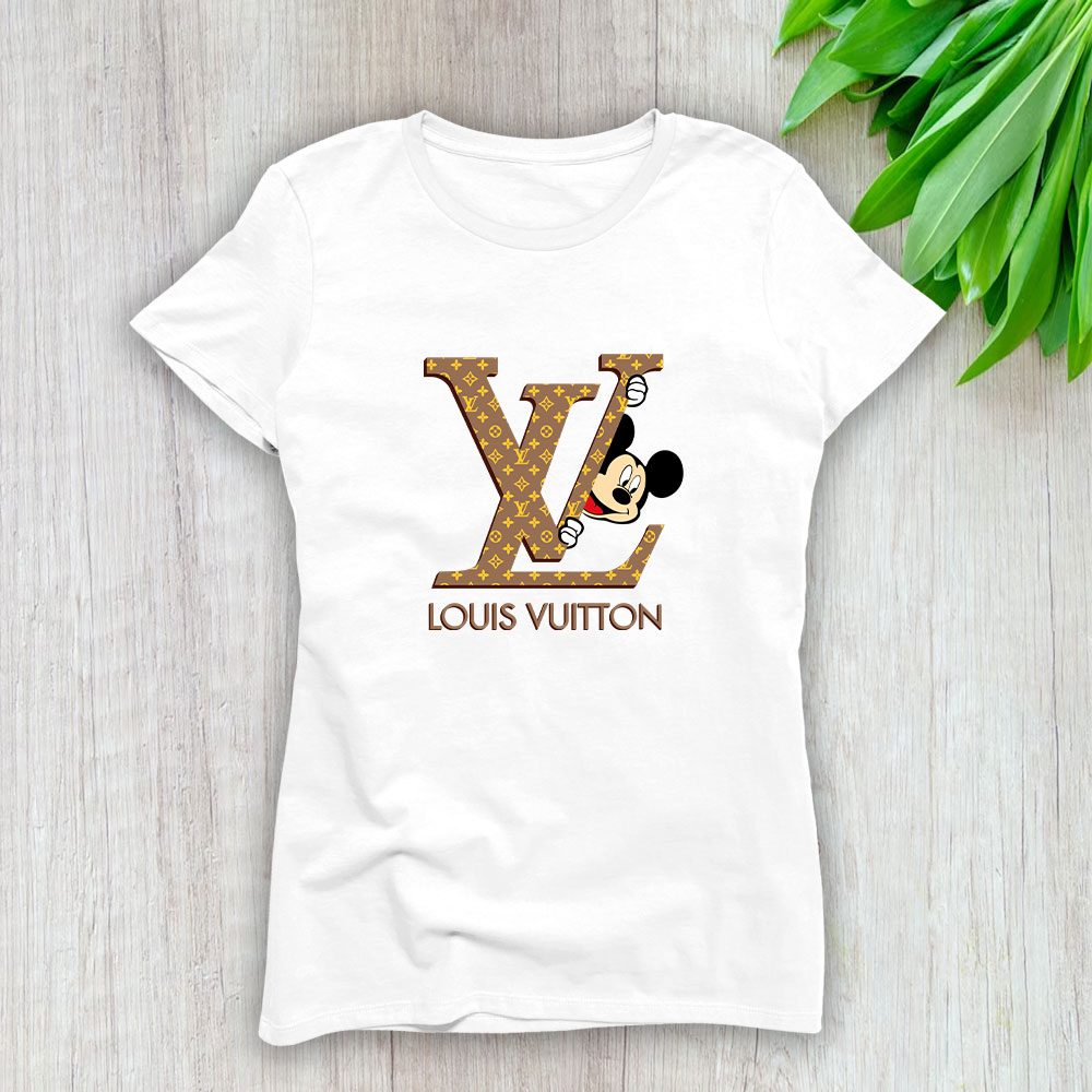 Louis-Vuitton-Logo-Luxury-Monogram-Canvas-Pattern-Mickey-Mouse-Lady-T-Shirt-Luxury-Tee-For-Women-LDS1707 Louis Vuitton Logo Luxury Monogram Canvas Pattern Mickey Mouse Lady T-Shirt Luxury Tee For Women LDS1707