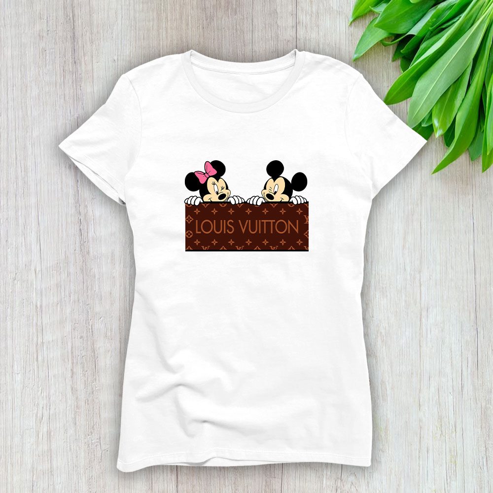 Louis-Vuitton-Logo-Luxury-Monogram-Canvas-Pattern-Minnie-Mouse-Mickey-Mouse-Lady-T-Shirt-Luxury-Tee-For-Women-LDS1706 Louis Vuitton Logo Luxury Monogram Canvas Pattern Minnie Mouse Mickey Mouse Lady T-Shirt Luxury Tee For Women LDS1706