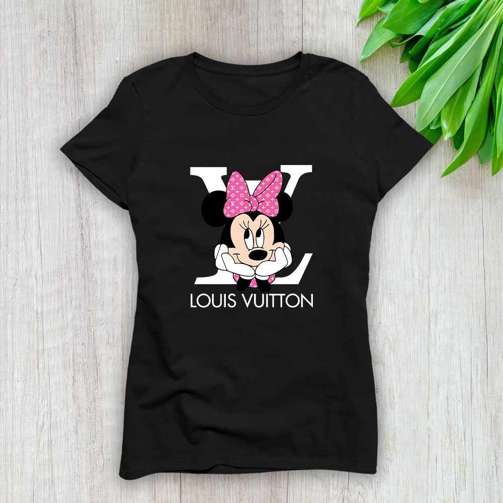 Louis-Vuitton-Logo-Luxury-Pink-And-White-Monogram-Canvas-Pattern-Minnie-Mouse-Lady-T-Shirt-Luxury-Tee-For-Women-LDS1625 Louis Vuitton Logo Luxury Pink And White Monogram Canvas Pattern Minnie Mouse Lady T-Shirt Luxury Tee For Women LDS1625