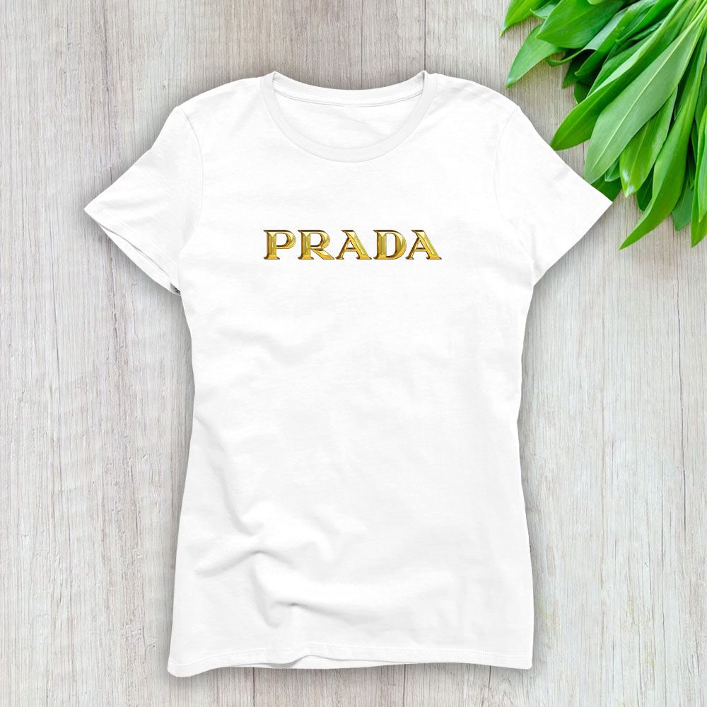 Prada-Gold-Logo-Luxury-Lady-T-Shirt-Luxury-Tee-For-Women-LDS1798 Prada Gold Logo Luxury Lady T-Shirt Luxury Tee For Women LDS1798