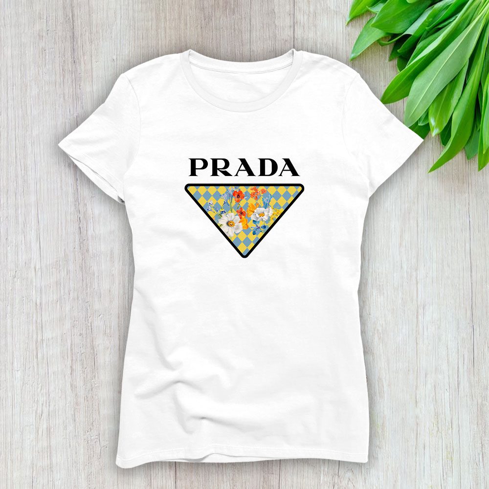 Prada-Logo-Luxury-Flower-Lady-T-Shirt-Luxury-Tee-For-Women-LDS1790 Prada Logo Luxury Flower Lady T-Shirt Luxury Tee For Women LDS1790