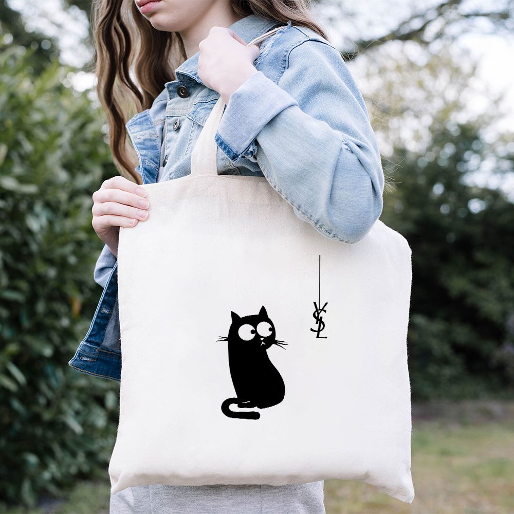 Yves-Saint-Laurent-Logo-Luxury-Black-Kitten-Cotton-Canvas-Tote-Bag-TTB1982-1