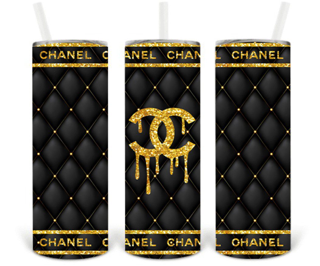 Chanel Gold Glitter Drip Monogram Yeti Inspired Luxury Skinny Tumbler 20oz SKT1531 Chanel Gold Glitter Drip Monogram Yeti Inspired Luxury Skinny Tumbler 20oz SKT1531