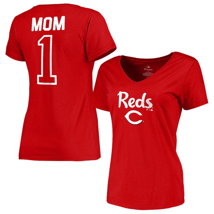 Cincinnati-Reds-Womens-2019-Mothers-Day-1-Mom-V-Neck-T-Shirt-Red Cincinnati Reds Women's 2019 Mother's Day #1 Mom V-Neck T-Shirt - Red