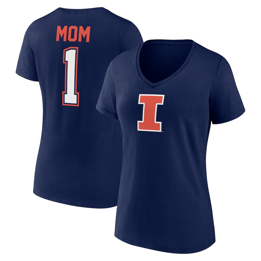 Illinois-Fighting-Illini-Womens-Mothers-Day-1-Mom-V-Neck-T-Shirt-Navy Illinois Fighting Illini Women's Mother's Day #1 Mom V-Neck T-Shirt - Navy