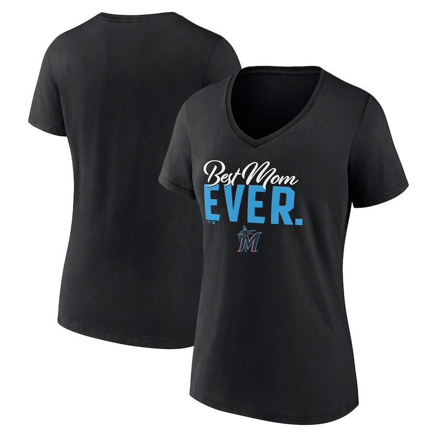 Miami-Marlins-Womens-Mothers-Day-V-Neck-T-Shirt-Black Miami Marlins Women's Mother's Day V-Neck T-Shirt - Black