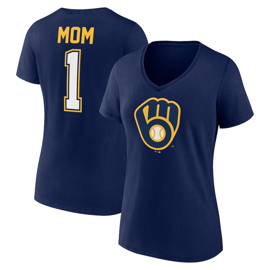 Milwaukee-Brewers-Womens-Mothers-Day-1-Mom-V-Neck-T-Shirt-Navy Milwaukee Brewers Women's Mother's Day #1 Mom V-Neck T-Shirt - Navy