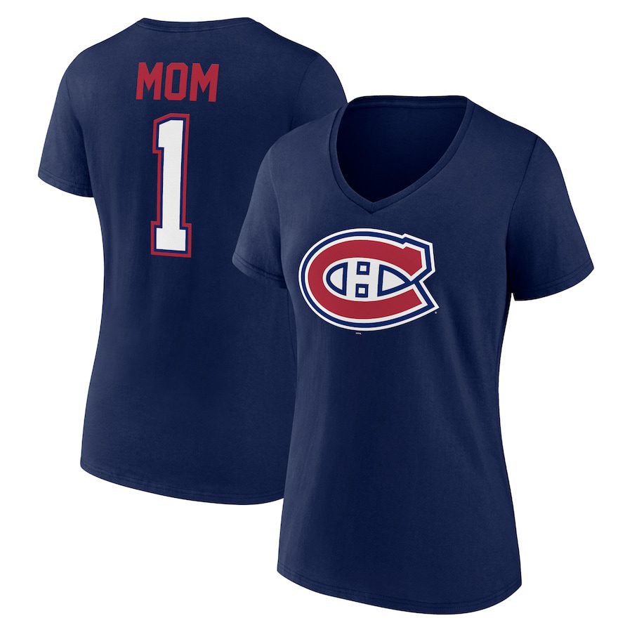 Montreal-Canadiens-Womens-Mothers-Day-1-Mom-V-Neck-T-Shirt-Navy Montreal Canadiens Women's Mother's Day #1 Mom V-Neck T-Shirt - Navy