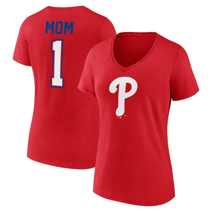 Philadelphia-Phillies-Womens-Mothers-Day-1-Mom-V-Neck-T-Shirt-Red Philadelphia Phillies Women's Mother's Day #1 Mom V-Neck T-Shirt - Red