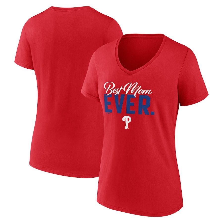 Philadelphia-Phillies-Womens-Mothers-Day-V-Neck-T-Shirt-Red Philadelphia Phillies Women's Mother's Day V-Neck T-Shirt - Red