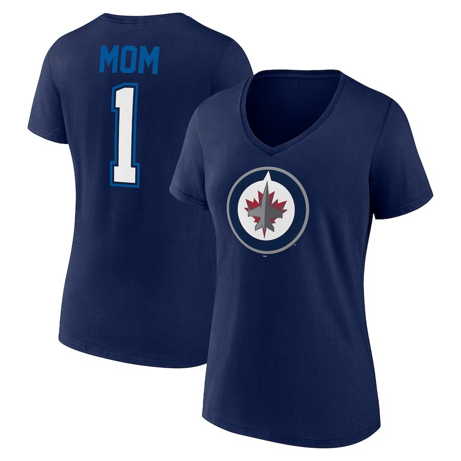 Winnipeg-Jets-Womens-Mothers-Day-1-Mom-V-Neck-T-Shirt-Navy Winnipeg Jets Women's Mother's Day #1 Mom V-Neck T-Shirt - Navy