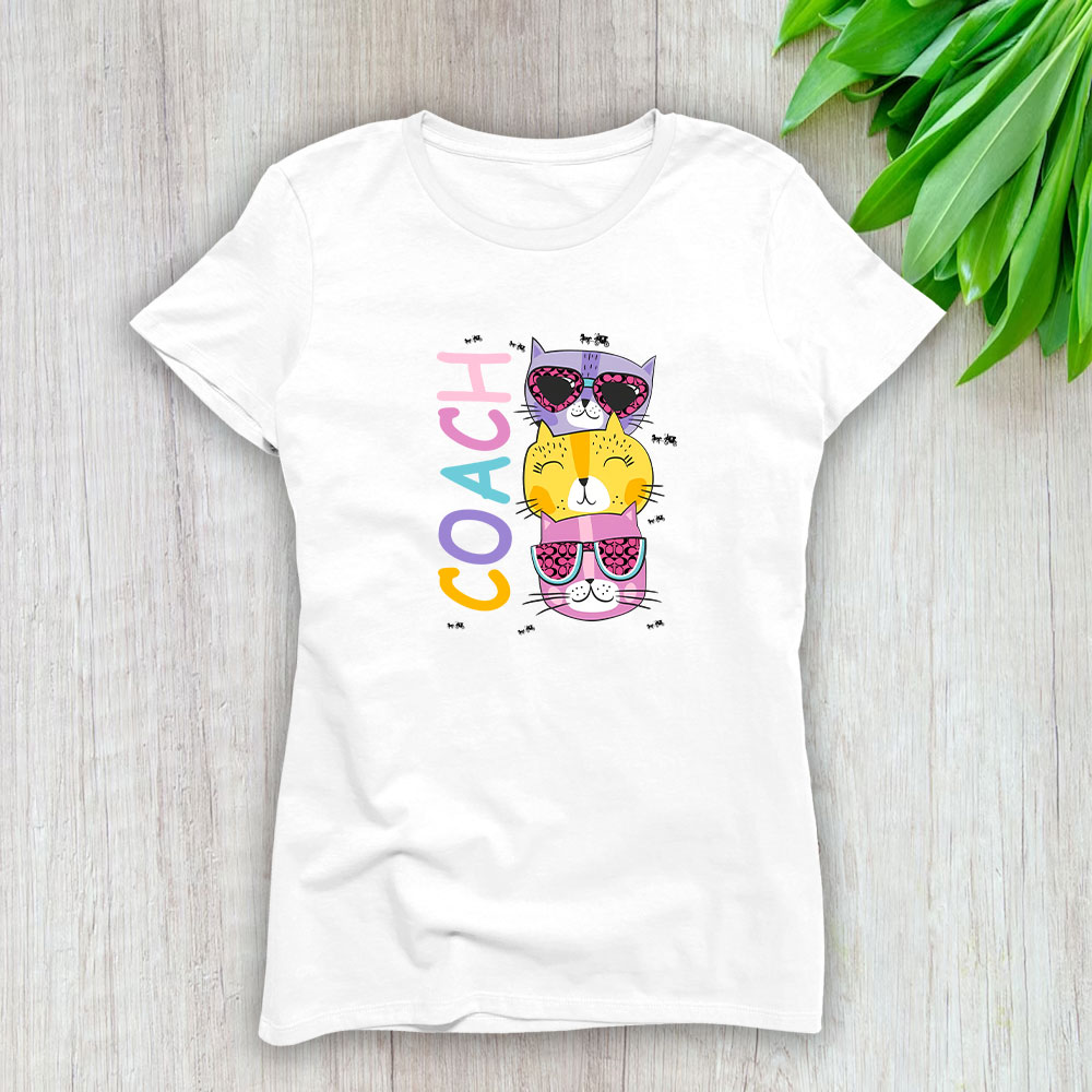 Cartoon-Cats-In-Glasses-Fruits-Coach-Brand-Lady-T-Shirt-Cotton-Tee-TLT6243 Cartoon Cats In Glasses Fruits Coach Brand Lady T-Shirt Cotton Tee TLT6243