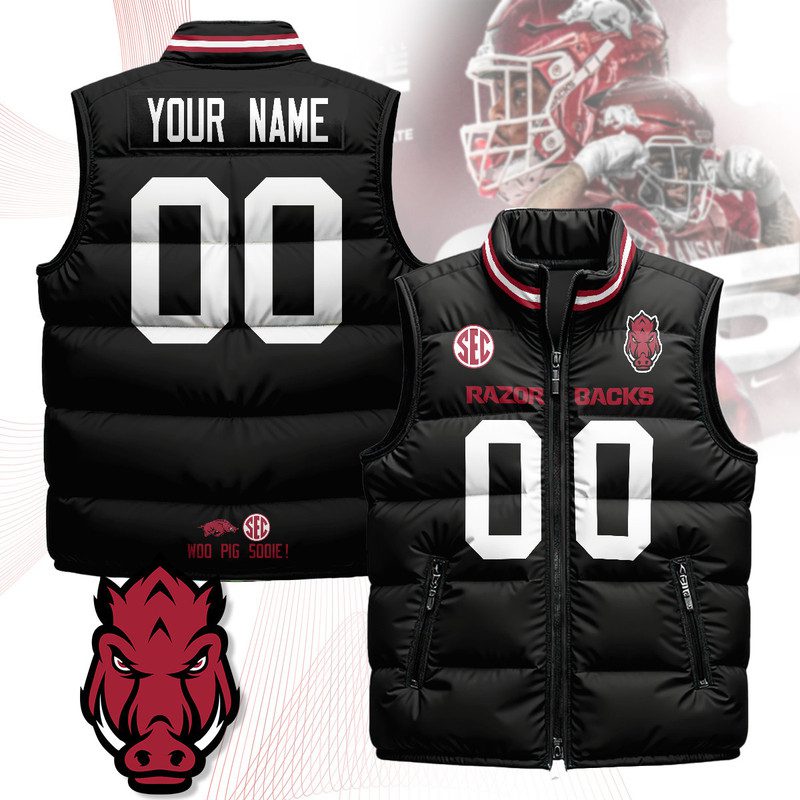 Arkansas-Razorbacks-Unisex-Custom-Puffer-Vest-Sleeveless-Down-Jacket-Black Arkansas Razorbacks Unisex Custom Puffer Vest Sleeveless Down Jacket- Black