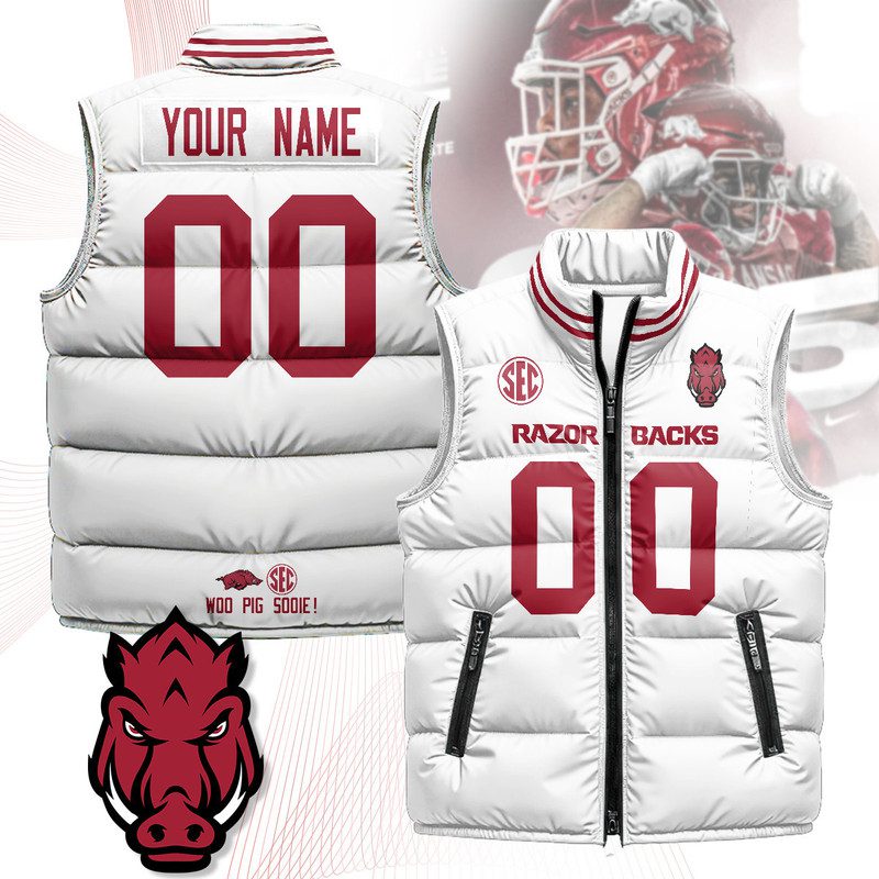 Arkansas-Razorbacks-Unisex-Custom-Puffer-Vest-Sleeveless-Down-Jacket-White Arkansas Razorbacks Unisex Custom Puffer Vest Sleeveless Down Jacket- White