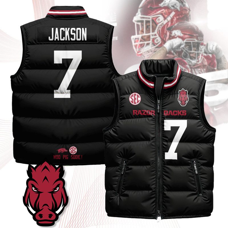 Arkansas-Razorbacks-Unisex-Puffer-Vest-Sleeveless-Down-Jacket-Black-KJ-Jackson-7 Arkansas Razorbacks Unisex Puffer Vest Sleeveless Down Jacket- Black / KJ Jackson - 7