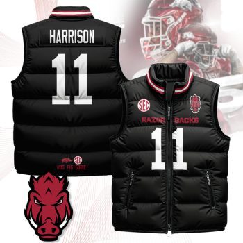 Arkansas Razorbacks Unisex Puffer Vest Sleeveless Down Jacket- Black / Monte Harrison - 11