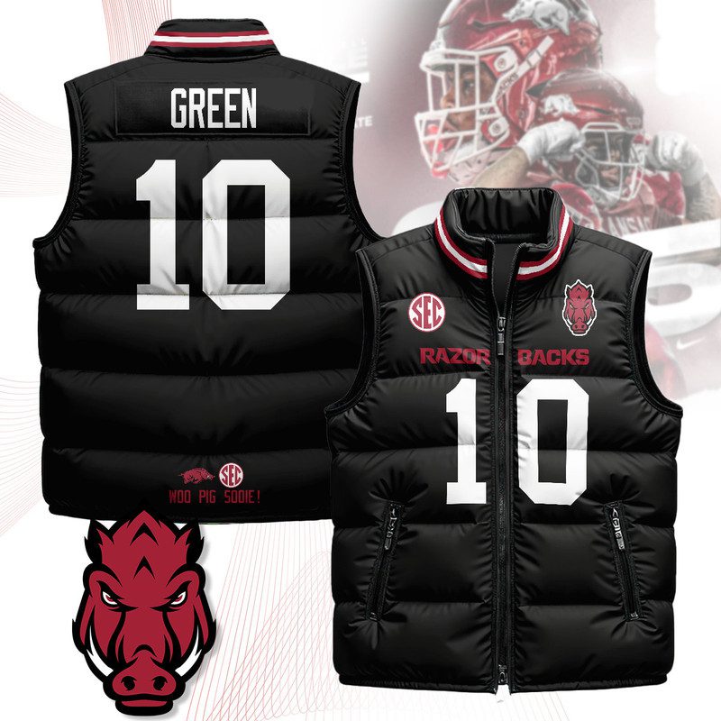 Arkansas-Razorbacks-Unisex-Puffer-Vest-Sleeveless-Down-Jacket-Black-Taylen-Green-10 Arkansas Razorbacks Unisex Puffer Vest Sleeveless Down Jacket- Black / Taylen Green - 10