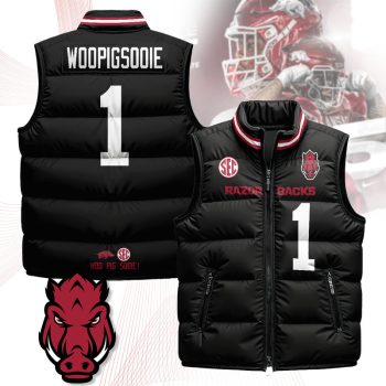 Arkansas Razorbacks Unisex Puffer Vest Sleeveless Down Jacket- Black / WooPigSooie - 1