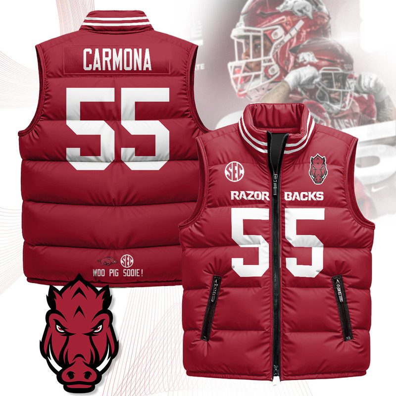 Arkansas-Razorbacks-Unisex-Puffer-Vest-Sleeveless-Down-Jacket-Cardinal-Fernando-Carmona-55 Arkansas Razorbacks Unisex Puffer Vest Sleeveless Down Jacket- Cardinal / Fernando Carmona - 55