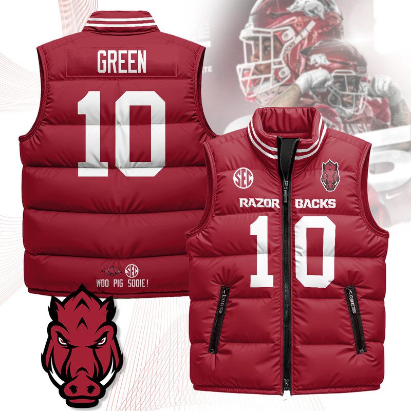 Arkansas-Razorbacks-Unisex-Puffer-Vest-Sleeveless-Down-Jacket-Cardinal-Taylen-Green-10 Arkansas Razorbacks Unisex Puffer Vest Sleeveless Down Jacket- Cardinal / Taylen Green - 10