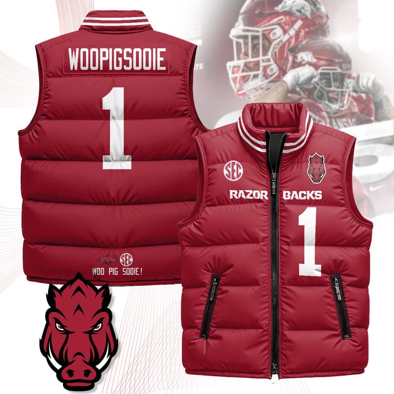 Arkansas-Razorbacks-Unisex-Puffer-Vest-Sleeveless-Down-Jacket-Cardinal-WooPigSooie-1 Arkansas Razorbacks Unisex Puffer Vest Sleeveless Down Jacket- Cardinal / WooPigSooie - 1