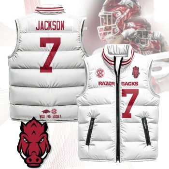 Arkansas Razorbacks Unisex Puffer Vest Sleeveless Down Jacket- White / KJ Jackson - 7