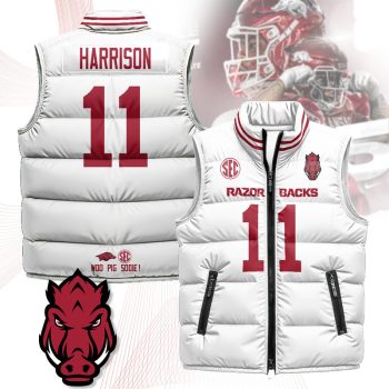 Arkansas Razorbacks Unisex Puffer Vest Sleeveless Down Jacket- White / Monte Harrison - 11