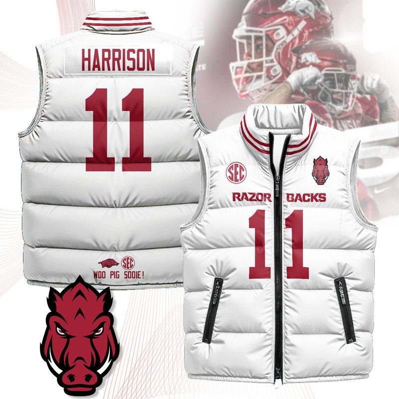 Arkansas-Razorbacks-Unisex-Puffer-Vest-Sleeveless-Down-Jacket-White-Monte-Harrison-11 Arkansas Razorbacks Unisex Puffer Vest Sleeveless Down Jacket- White / Monte Harrison - 11