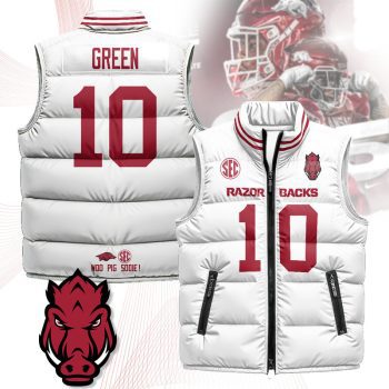 Arkansas Razorbacks Unisex Puffer Vest Sleeveless Down Jacket- White / Taylen Green - 10