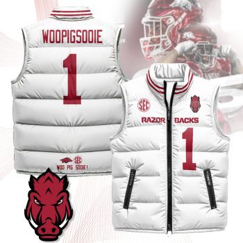 Arkansas Razorbacks Unisex Puffer Vest Sleeveless Down Jacket- White / WooPigSooie - 1