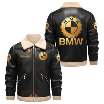 BMW Golden Logo Sherpa Lined PU Pilot Leather Jacket Customize Name
