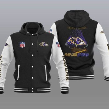 Baltimore Ravens Hooded Button Jacket Varsity Jacket with Hood - Black