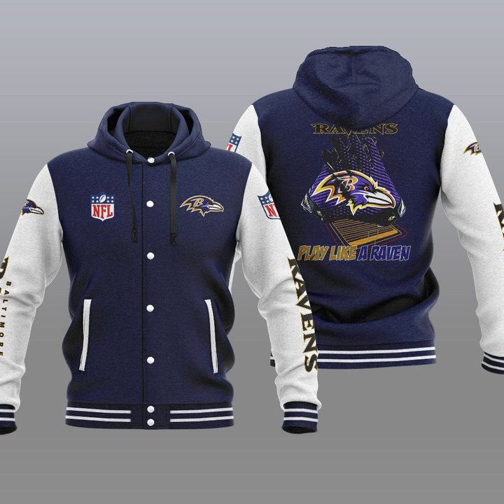 Baltimore-Ravens-Hooded-Button-Jacket-Varsity-Jacket-with-Hood-Navy Baltimore Ravens Hooded Button Jacket Varsity Jacket with Hood - Navy
