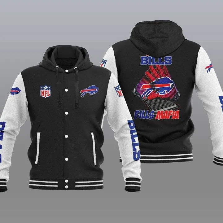 Buffalo-Bills-Hooded-Button-Jacket-Varsity-Jacket-with-Hood-Black Buffalo Bills Hooded Button Jacket Varsity Jacket with Hood - Black