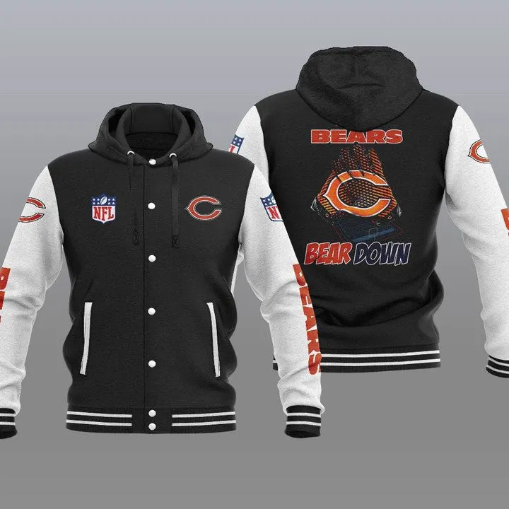 Chicago-Bears-Hooded-Button-Jacket-Varsity-Jacket-with-Hood-Black Chicago Bears Hooded Button Jacket Varsity Jacket with Hood - Black