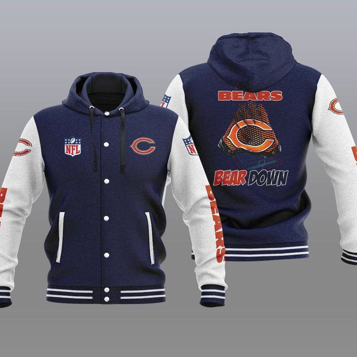 Chicago-Bears-Hooded-Button-Jacket-Varsity-Jacket-with-Hood-Navy Chicago Bears Hooded Button Jacket Varsity Jacket with Hood - Navy