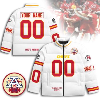 Custom Kansas City Chiefs Unisex Stand Collar Puffer Jacket - White