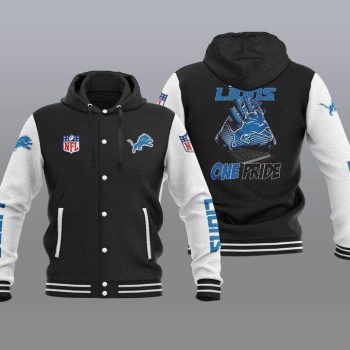 Detroit Lions Hooded Button Jacket Varsity Jacket with Hood - Black