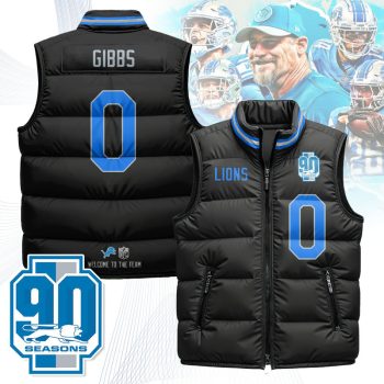 Detroit Lions Unisex Puffer Vest Sleeveless Down Jacket- Black / Jahmyr Gibbs - 0