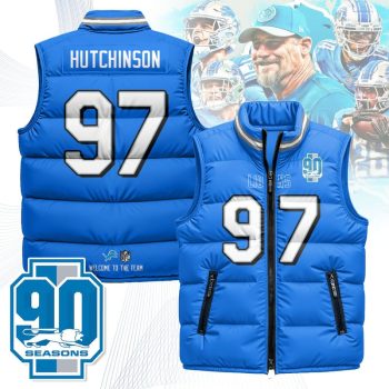 Detroit Lions Unisex Puffer Vest Sleeveless Down Jacket- Blue / Aidan Hutchinson - 97