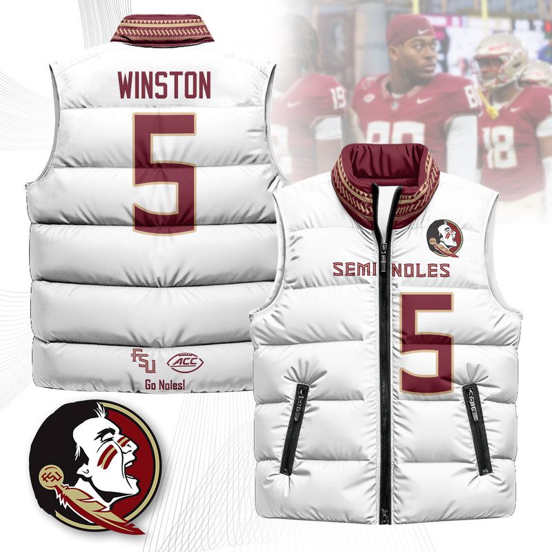 Florida-State-Seminoles-Unisex-Puffer-Vest-Sleeveless-Down-Jacket-White-Jameis-Winston-5 Florida State Seminoles Unisex Puffer Vest Sleeveless Down Jacket- White / Jameis Winston - 5