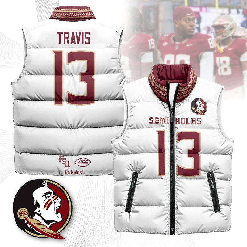 Florida-State-Seminoles-Unisex-Puffer-Vest-Sleeveless-Down-Jacket-White-Jordan-Travis-13 Florida State Seminoles Unisex Puffer Vest Sleeveless Down Jacket- White / Jordan Travis - 13