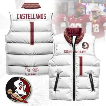 Florida State Seminoles Unisex Puffer Vest Sleeveless Down Jacket- White / Tommy Castellanos - 1