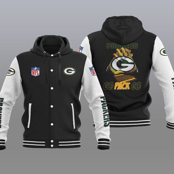 Green-Bay-Packers-Hooded-Button-Jacket-Varsity-Jacket-with-Hood-Black Green Bay Packers Hooded Button Jacket Varsity Jacket with Hood - Black