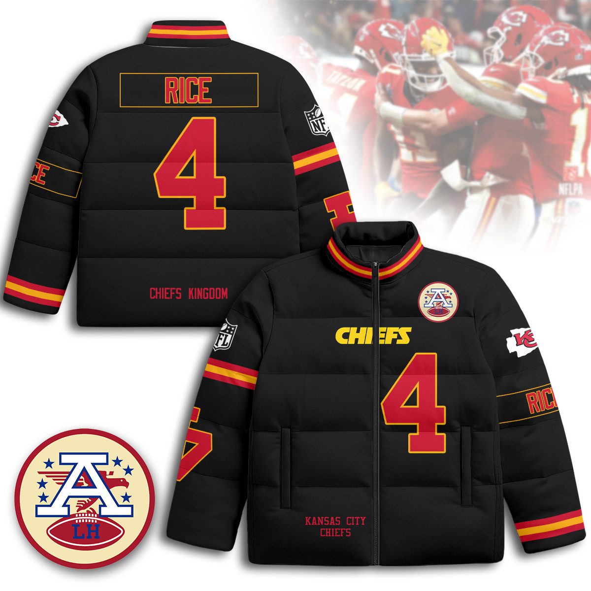 Kansas-City-Chiefs-Unisex-Stand-Collar-Puffer-Jacket-Black-Rashee-Rice-4 Kansas City Chiefs Unisex Stand Collar Puffer Jacket - Black / Rashee Rice - 4